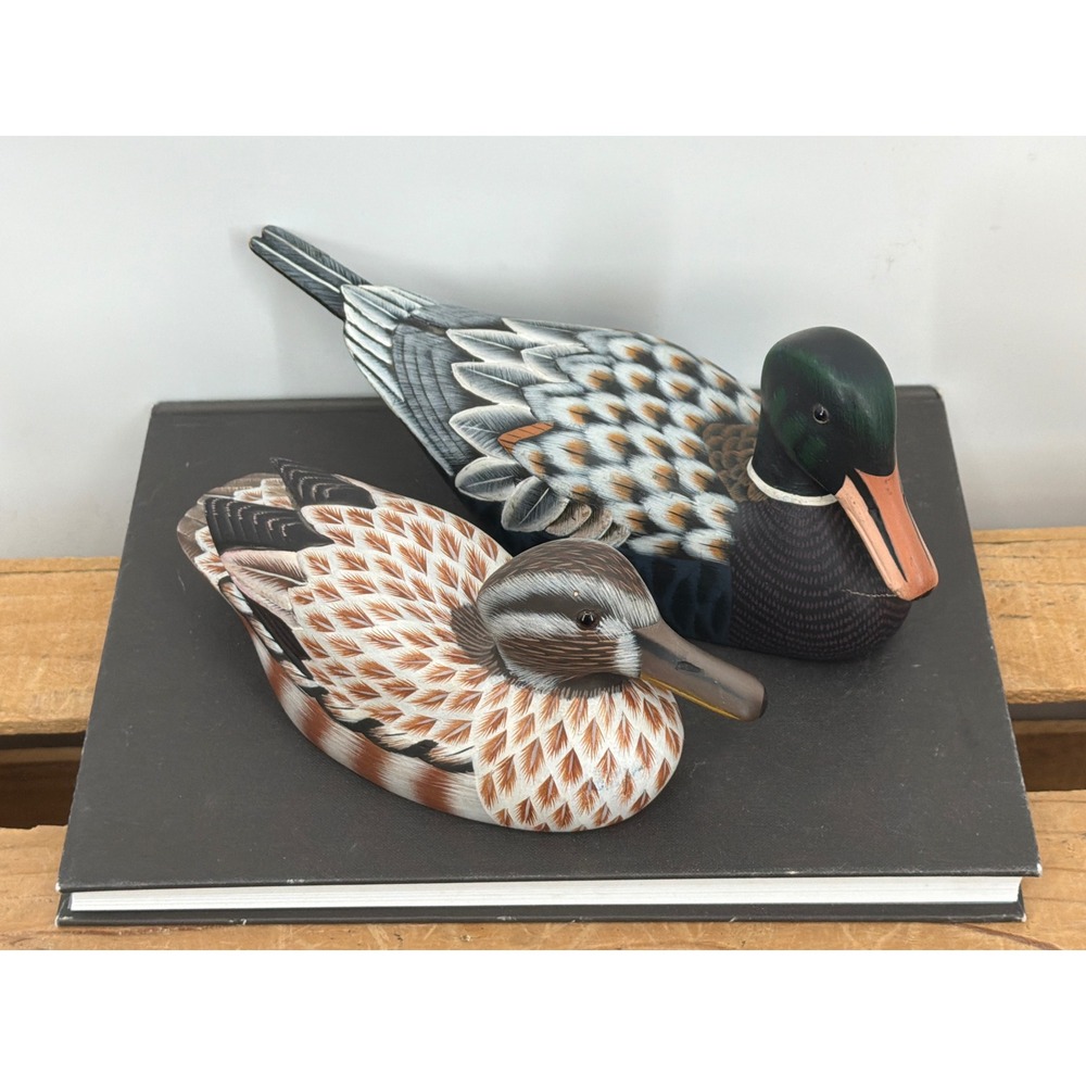 Vintage Hand Painted Wooden Mallard Duck Decoy Pair Decorative Figurines Set 2